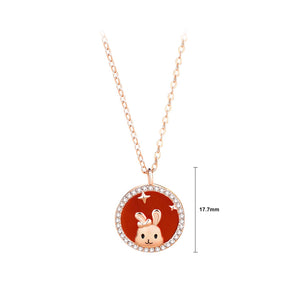 925 Sterling Silver Plated Rose Gold Simple Cute Rabbit Round Red Imitation Agate Pendant with Cubic Zirconia and Necklace