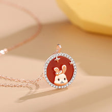 Load image into Gallery viewer, 925 Sterling Silver Plated Rose Gold Simple Cute Rabbit Round Red Imitation Agate Pendant with Cubic Zirconia and Necklace