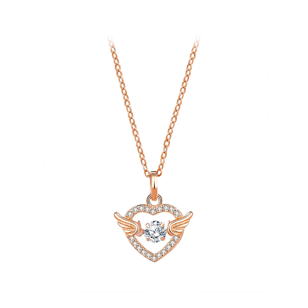 925 Sterling Silver Plated Rose Gold Simple Fashion Heart Wings Pendant with Cubic Zirconia and Necklace