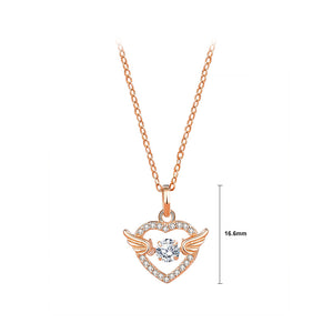 925 Sterling Silver Plated Rose Gold Simple Fashion Heart Wings Pendant with Cubic Zirconia and Necklace