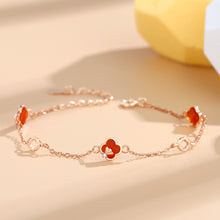 Load image into Gallery viewer, 925 Sterling Silver Plated Rose Gold Fashion Ginkgo Leaf Four-leafed Clover Red Imitation Agate Bracelet