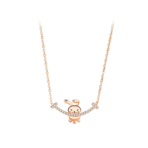 925 Sterling Silver Plated Rose Gold Fashion Cute Smiling Rabbit Pendant with Cubic Zirconia and Necklace