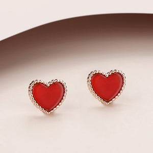 925 Sterling Silver Plated Rose Gold Simple Fashion Heart Stud Earrings with Red Imitation Agate
