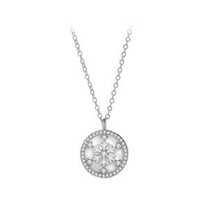 925 Sterling Silver Fashion Simple Snowflake Mother-of-pearl Geometric Round Pendant with Cubic Zirconia and Necklace