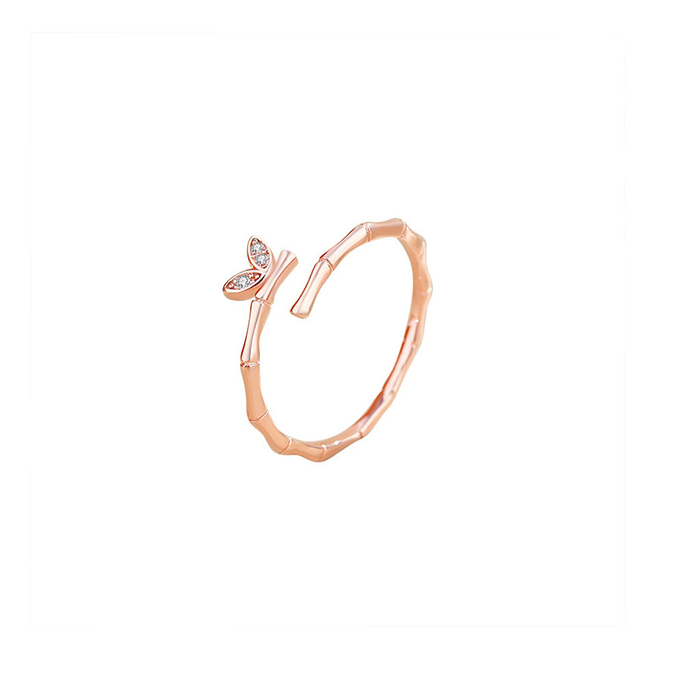 925 Sterling Silver Plated Rose Gold Simple Personality Bamboo Geometric Adjustable Open Ring with Cubic Zirconia