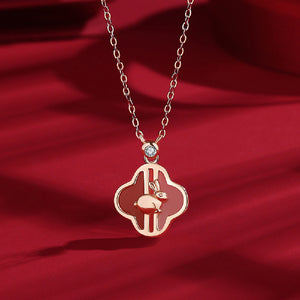 925 Sterling Silver Plated Rose Gold Fashion Simple Rabbit Four-leafed Clover Pendant with Necklace
