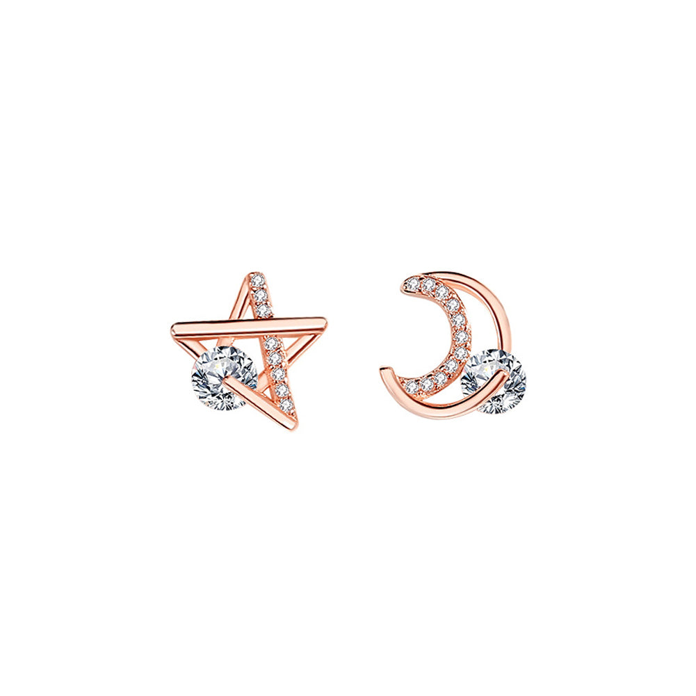 925 Sterling Silver Plated Rose Gold Simple Fashion Moon Star Asymmetric Stud Earrings with Cubic Zirconia