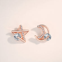 Load image into Gallery viewer, 925 Sterling Silver Plated Rose Gold Simple Fashion Moon Star Asymmetric Stud Earrings with Cubic Zirconia