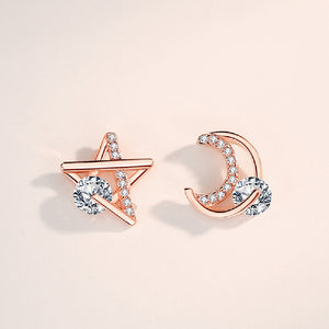 925 Sterling Silver Plated Rose Gold Simple Fashion Moon Star Asymmetric Stud Earrings with Cubic Zirconia