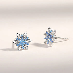 925 Sterling Silver Simple Bright Snowflake Stud Earrings with Blue Cubic Zirconia