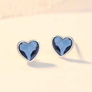 925 Sterling Silver Simple Romantic Heart Stud Earrings with Blue Cubic Zirconia