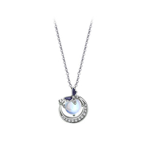925 Sterling Silver Fashion Temperament Butterfly Moon Geometric Moonstone Pendant with Cubic Zirconia and Necklace