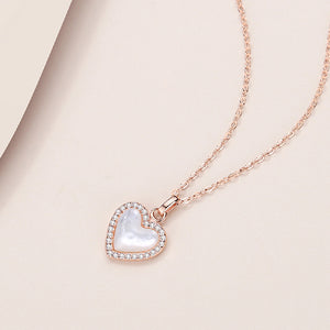925 Sterling Silver Plated Rose Gold Simple Fashion Heart Shaped Mother Of Pearl Pendant with Cubic Zirconia and Necklace