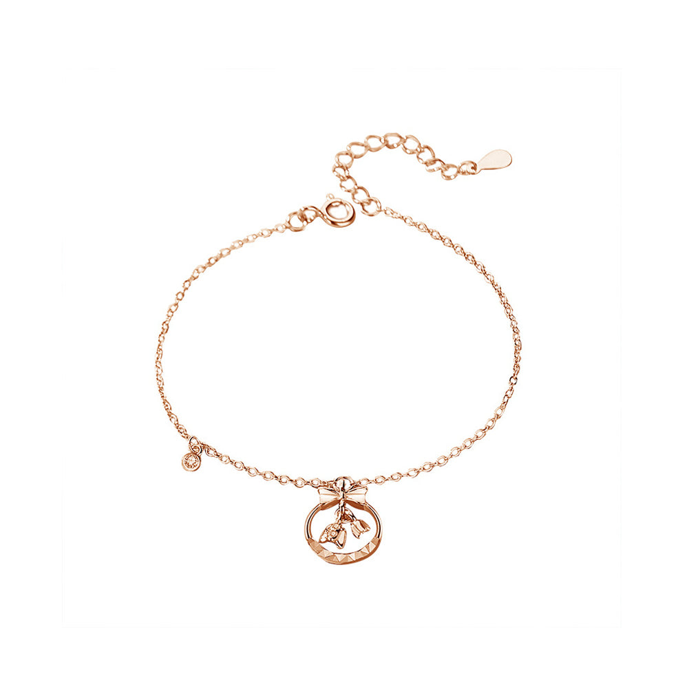 925 Sterling Silver Plated Rose Gold Fashion Sweet Ribbon Lily Of The Valley Bracelet with Cubic Zirconia