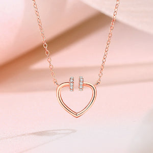 925 Sterling Silver Plated Rose Gold Simple Romantic Heart Pendant with Cubic Zirconia and Necklace