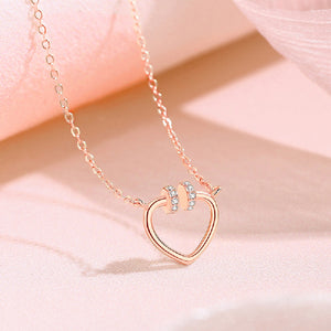 925 Sterling Silver Plated Rose Gold Simple Romantic Heart Pendant with Cubic Zirconia and Necklace