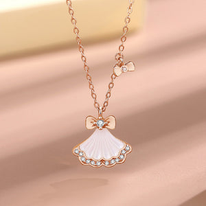 925 Sterling Silver Plated Rose Gold Fashion Sweet Ribbon Small Skirt Mother-of-pearl Pendant with Cubic Zirconia and Necklace