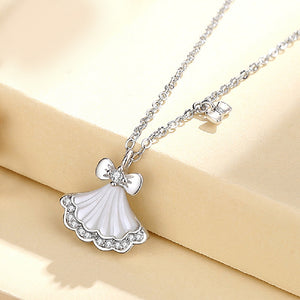 925 Sterling Silver Fashion Sweet Ribbon Small Skirt Mother-of-pearl Pendant with Cubic Zirconia and Necklace