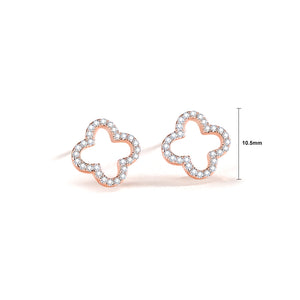 925 Sterling Silver Plated Rose Gold Simple Fashion Hollow Four-leafed Clover Stud Earrings with Cubic Zirconia