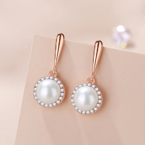 925 Sterling Silver Plated Rose Gold Fashion Elegant Geometric Imitation Pearl Earrings with Cubic Zirconia