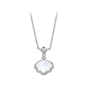 925 Sterling Silver Simple and Elegant Shell Mother-of-Pearl Pendant with Cubic Zirconia and Necklace