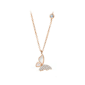 925 Sterling Silver Plated Rose Gold Simple Elegant Butterfly Pendant with Cubic Zirconia and Necklace