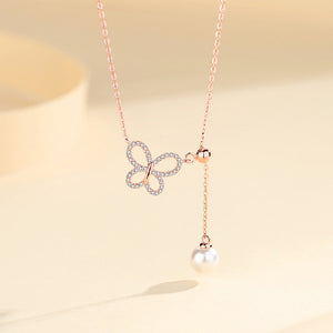 925 Sterling Silver Plated Rose Gold Elegant Butterfly Tassel Imitation Pearl Pendant with Cubic Zirconia and Necklace