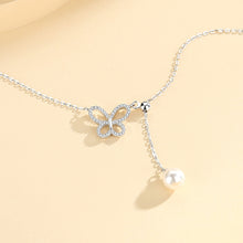Load image into Gallery viewer, 925 Sterling Silver Elegant Butterfly Tassel Imitation Pearl Pendant with Cubic Zirconia and Necklace