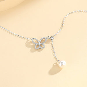 925 Sterling Silver Elegant Butterfly Tassel Imitation Pearl Pendant with Cubic Zirconia and Necklace