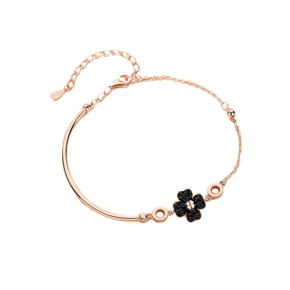 925 Sterling Silver Plated Rose Gold Fashion Brilliant Four-leafed Clover Black Cubic Zirconia Geometric Bracelet