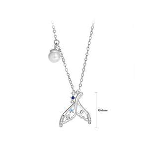 925 Sterling Silver Fashion Creative Hollow Mermaid Tail Imitation Pearl Pendant with Cubic Zirconia and Necklace