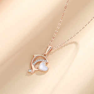 925 Sterling Silver Plated Rose Gold Fashion Lovely Dolphin Mother-of-Pearl Heart Pendant with Cubic Zirconia and Necklace