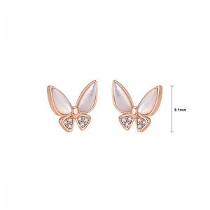 925 Sterling Silver Plated Rose Gold Simple Temperament Butterfly Mother-of-pearl Stud Earrings with Cubic Zirconia