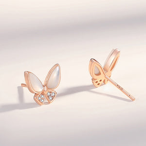 925 Sterling Silver Plated Rose Gold Simple Temperament Butterfly Mother-of-pearl Stud Earrings with Cubic Zirconia