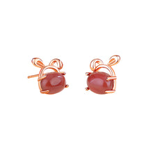 Load image into Gallery viewer, 925 Sterling Silver Plated Rose Gold Simple Cute Rabbit Stud Earrings with Red Imitation Agate