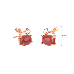 925 Sterling Silver Plated Rose Gold Simple Cute Rabbit Stud Earrings with Red Imitation Agate