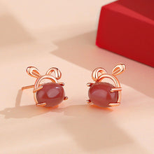 Load image into Gallery viewer, 925 Sterling Silver Plated Rose Gold Simple Cute Rabbit Stud Earrings with Red Imitation Agate