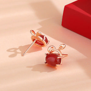 925 Sterling Silver Plated Rose Gold Simple Cute Rabbit Stud Earrings with Red Imitation Agate