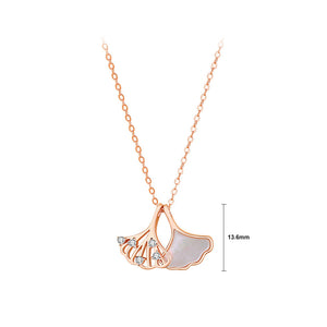 925 Sterling Silver Plated Rose Gold Simple Temperament Ginkgo Leaf Mother-of-pearl Pendant with Cubic Zirconia and Necklace