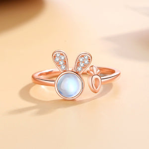 925 Sterling Silver Plated Rose Gold Simple Cute Rabbit Moonstone Carrot Adjustable Open Ring with Cubic Zirconia