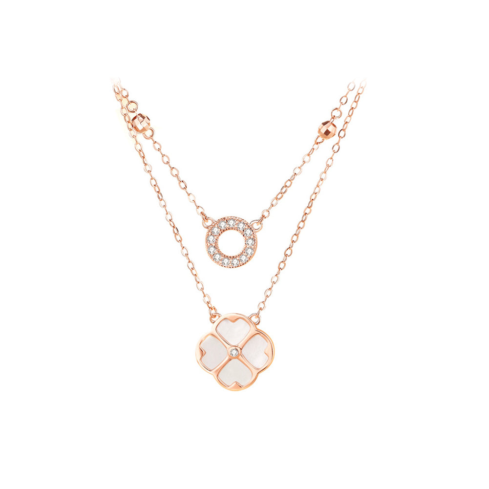 925 Sterling Silver Plated Rose Gold Fashion Temperament Four-leafed Clover Mother-of-pearl Round Pendant with Cubic Zirconia and Double Necklace