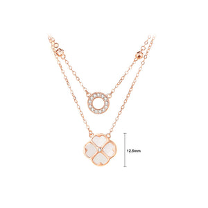 925 Sterling Silver Plated Rose Gold Fashion Temperament Four-leafed Clover Mother-of-pearl Round Pendant with Cubic Zirconia and Double Necklace