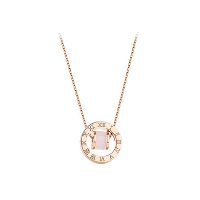 925 Sterling Silver  Plated Rose Gold Fashion Simple Roman Numeral Geometric Round Opal Pendant with Necklace