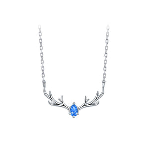 925 Sterling Silver Fashion Simple Elk Antler Pendant with Blue Cubic Zirconia and Necklace