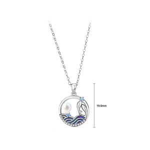 925 Sterling Silver Fashion Temperament Koi Enamel Water Geometric Pendant with Imitation Pearl and Necklace