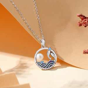 925 Sterling Silver Fashion Temperament Koi Enamel Water Geometric Pendant with Imitation Pearl and Necklace
