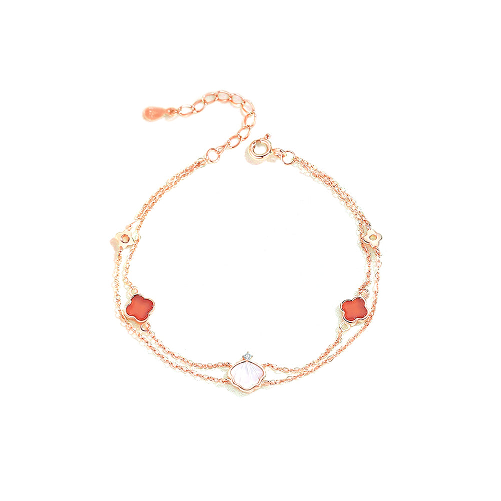 925 Sterling Silver Plated Rose Gold Fashion Temperament Shell Four-leafed Clover Double Layer Bracelet