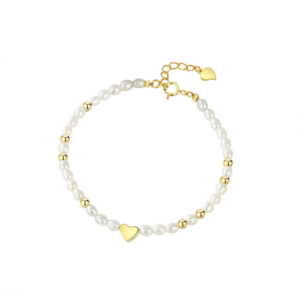 925 Sterling Silver Plated Gold Simple Fashion Heart Shaped Imitation Pearl Beaded Bracelet