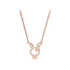925 Sterling Silver Plated Rose Gold Simple Cute Flower Rabbit Pendant with Cubic Zirconia and Necklace