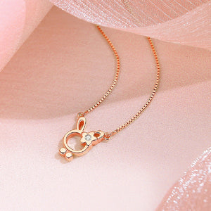 925 Sterling Silver Plated Rose Gold Simple Cute Flower Rabbit Pendant with Cubic Zirconia and Necklace